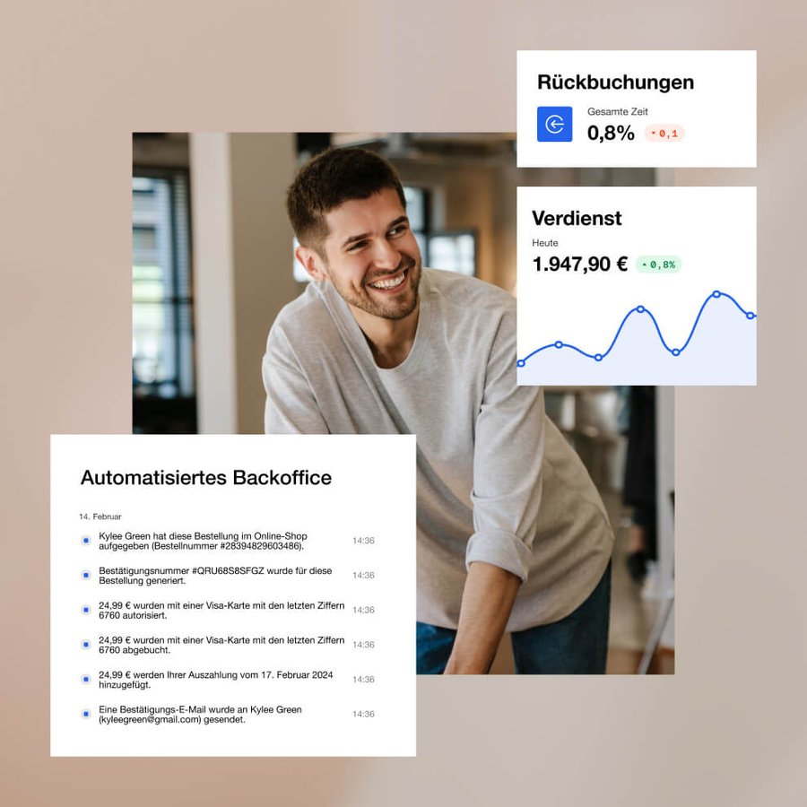 Smiling man with business dashboards showing automated back office, chargebacks, and earnings.