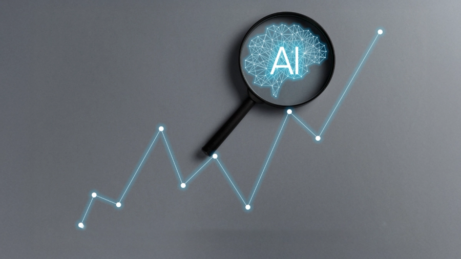 AI brain in a magnifying glass on an ascending line graph.