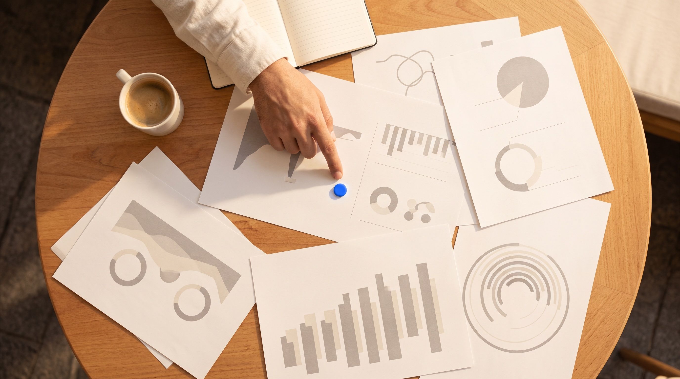 Overhead view of a person pointing at various charts and graphs spread on a wooden table, with a coffee cup and notebook nearby.