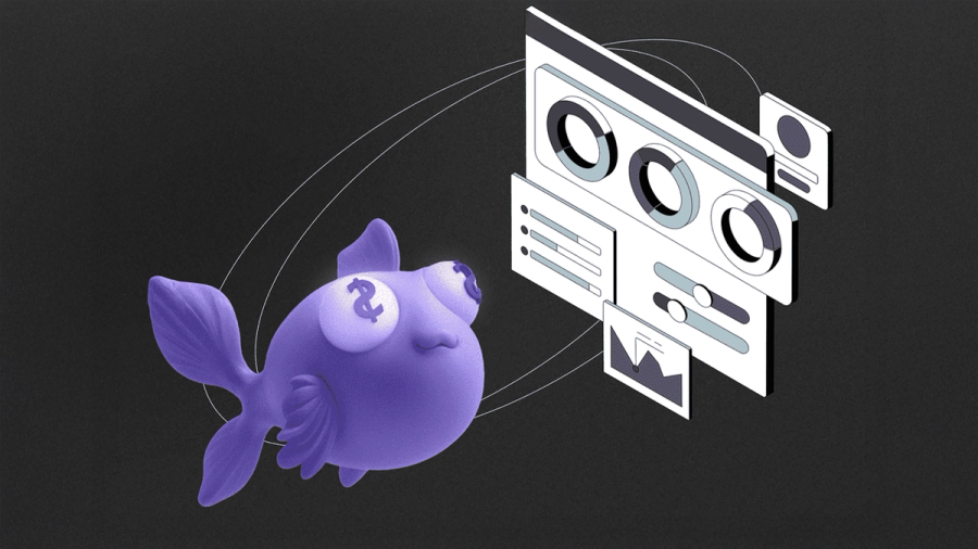 Purple cartoon fish with dollar signs for eyes observing a data dashboard.