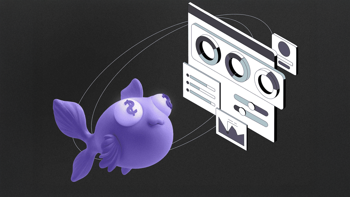 Purple cartoon fish with dollar signs for eyes observing a data dashboard.