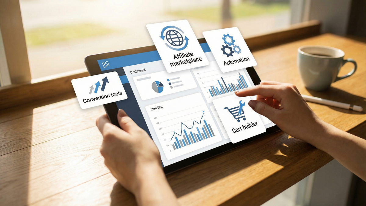 Hands interact with a tablet showing an e-commerce dashboard and icons for conversion tools, affiliate marketplace, automation, and cart builder.