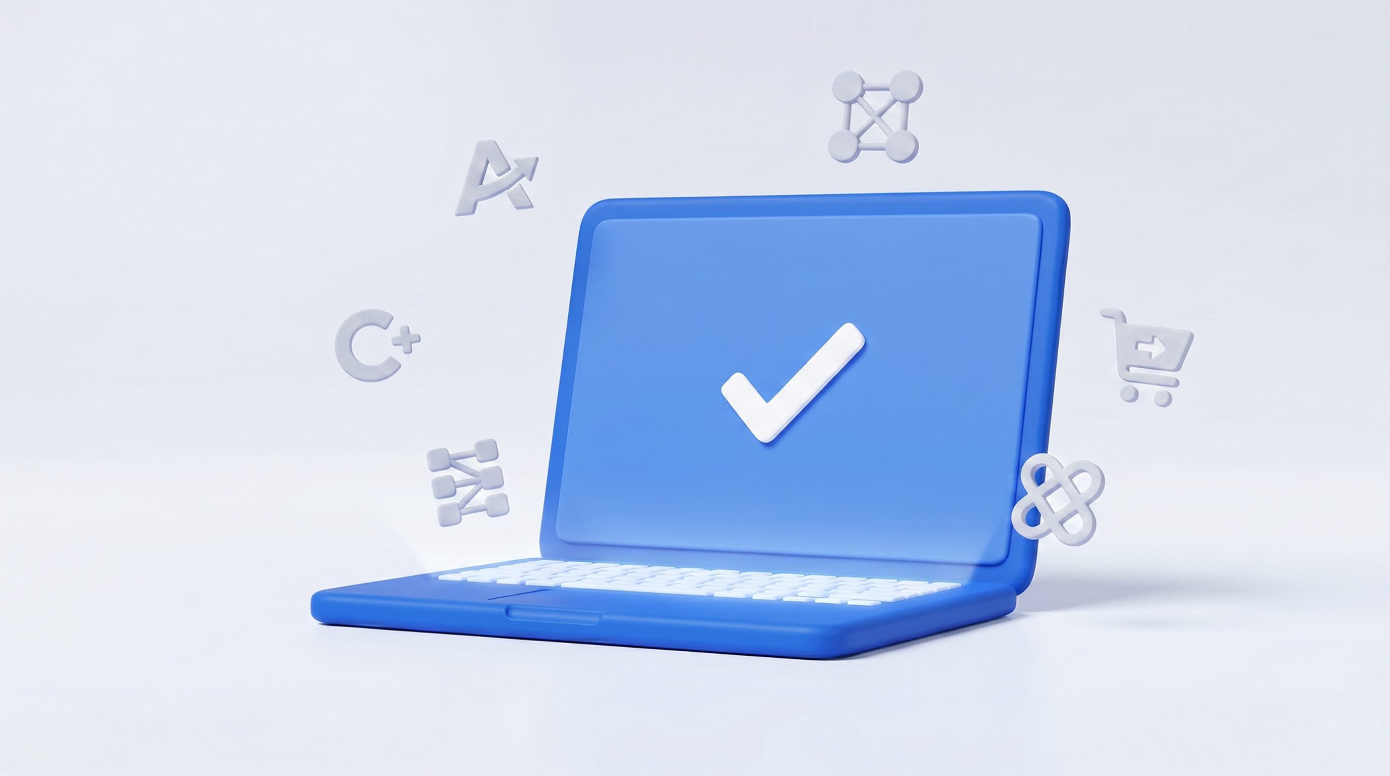 A blue laptop with a white checkmark on its screen, surrounded by various 3D tech icons.