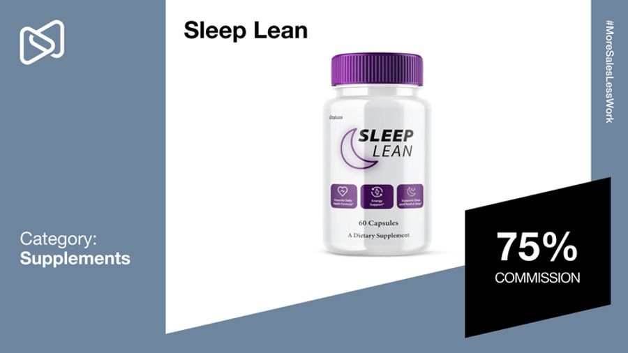 Sleep Lean dietary supplement bottle with purple cap, advertising benefits for weight management, energy, and sleep, with a 75% commission.