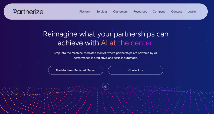 Partnerize website homepage with the headline "Reimagine what your partnerships can achieve with AI at the center" on a blue and purple futuristic background.