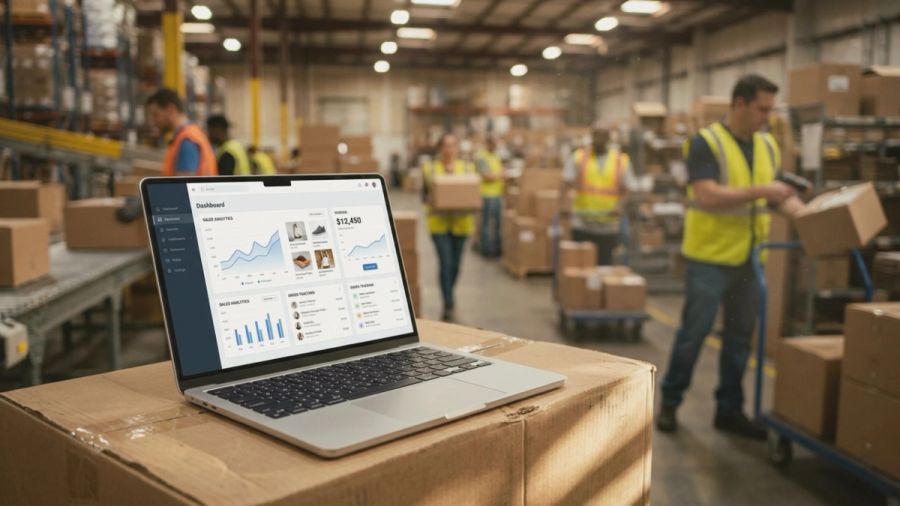 A laptop displaying a logistics dashboard on a box in a busy warehouse.