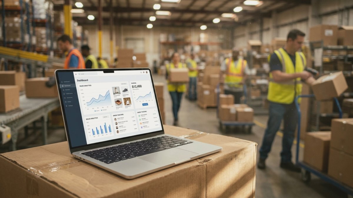 A laptop displaying a logistics dashboard on a box in a busy warehouse.