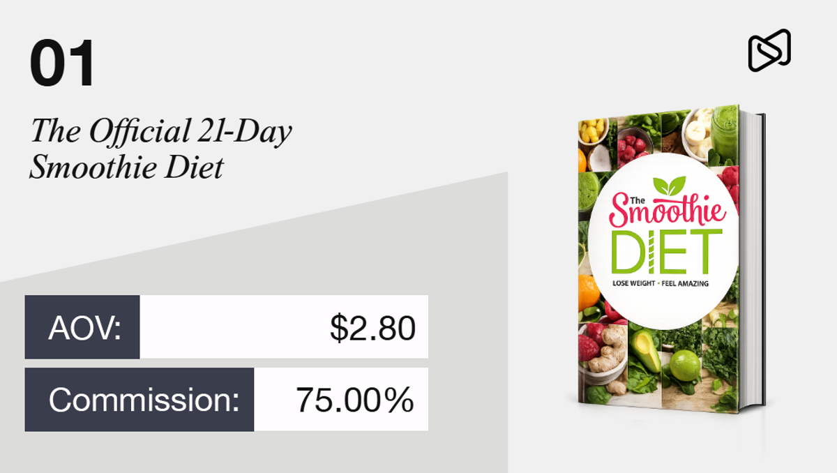 The Official 21-Day Smoothie Diet book with AOV $2.80 and 75% commission.
