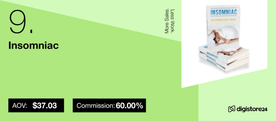 A graphic displaying "Insomniac: The Ultimate Sleep Therapy" books, item 9, with an AOV of $37.03 and 60.00% commission, and the Digistore24 logo.