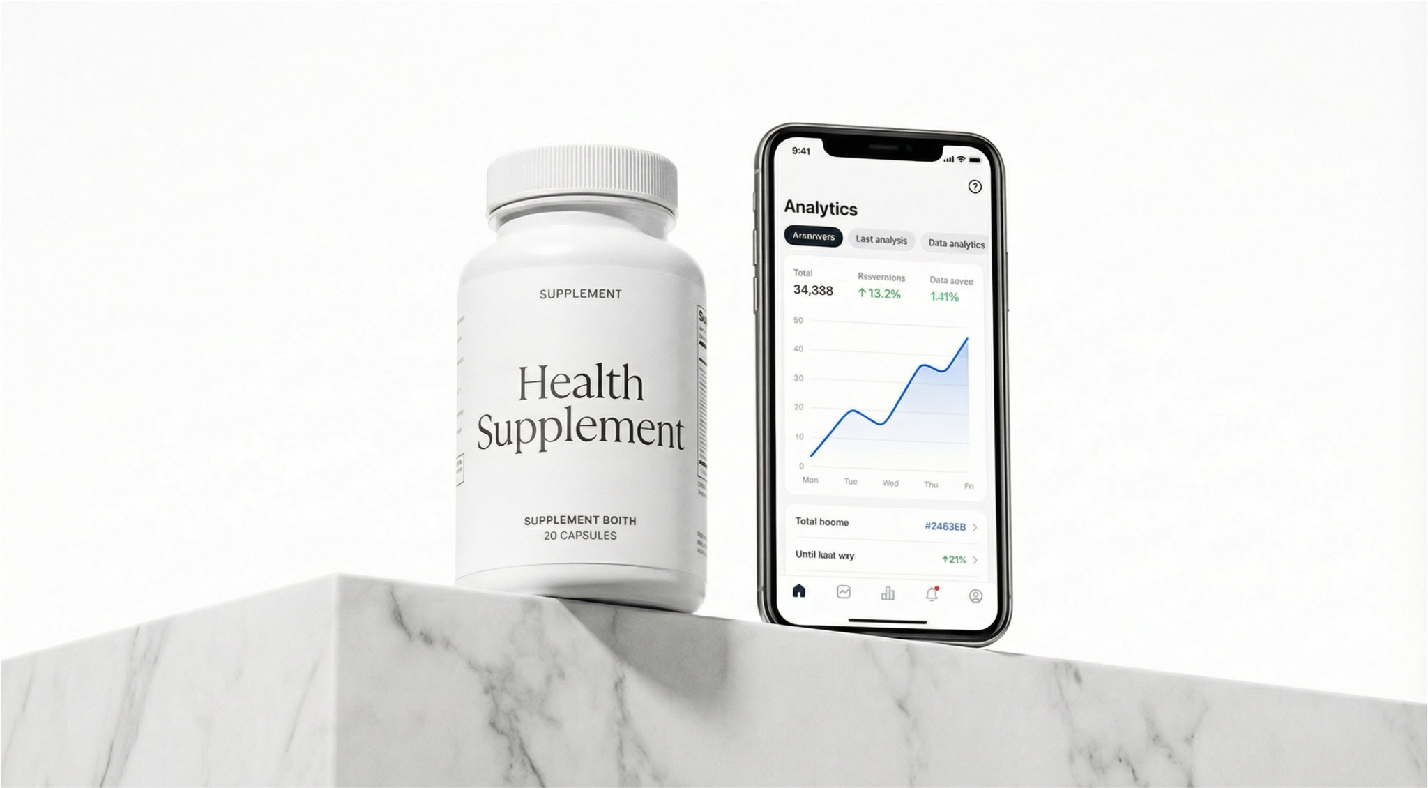 A white health supplement bottle next to a smartphone displaying an analytics graph on a marble surface.