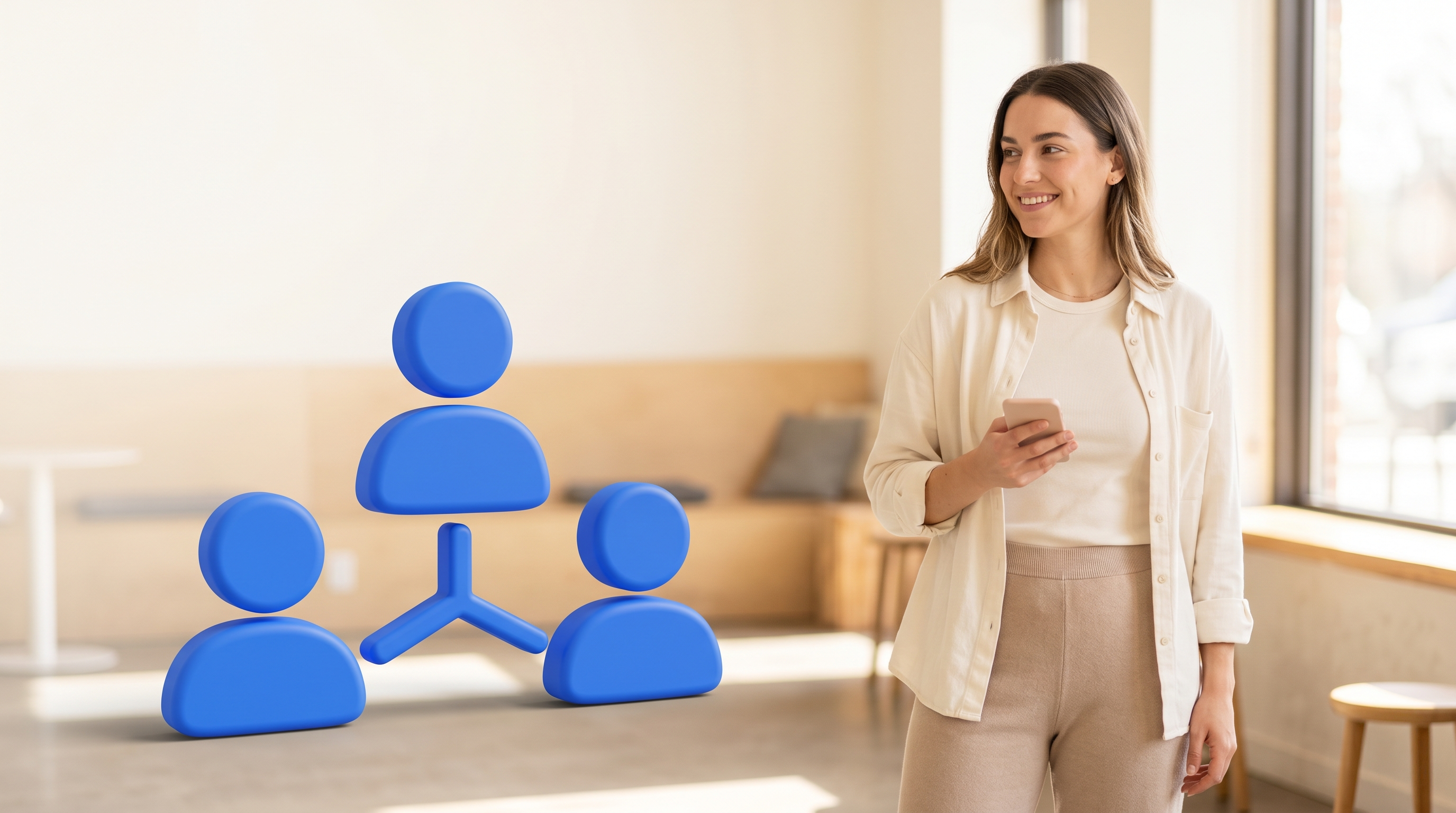 Smiling woman holding a phone, standing beside a blue 3D icon showing a connected team of three.