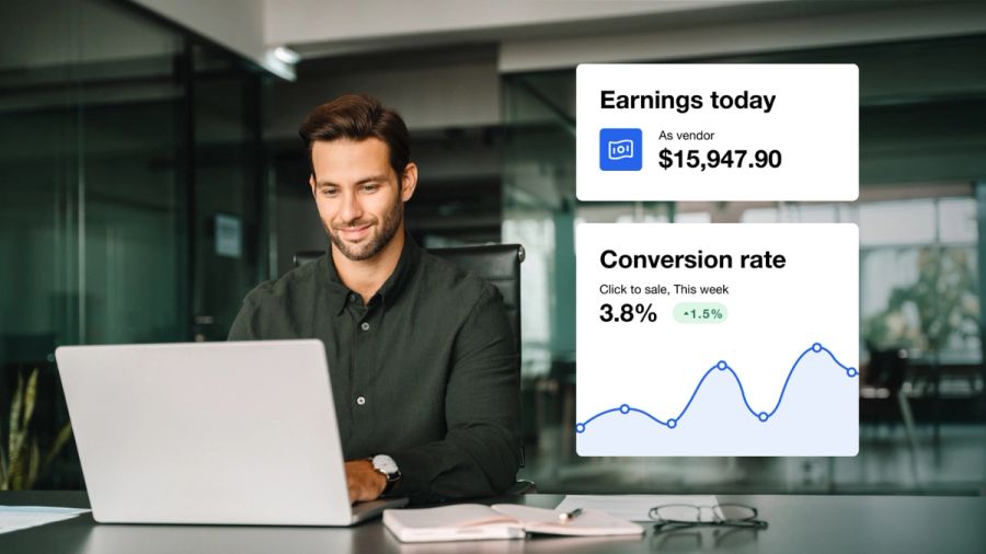 A smiling man works on a laptop, with floating digital cards displaying "Earnings today $15,947.90" and a conversion rate graph showing 3.8%.