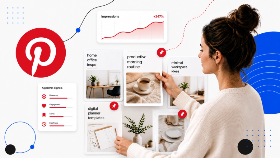 A woman interacts with a Pinterest-like dashboard, arranging content pins with visible analytics and the Pinterest logo.