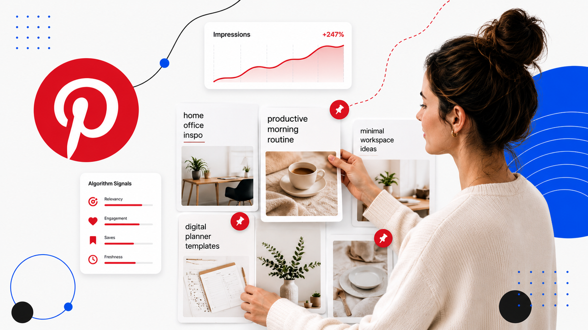 A woman interacts with a Pinterest-like dashboard, arranging content pins with visible analytics and the Pinterest logo.