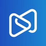 White abstract S-shaped logo formed by two interlocking rounded triangles on a blue gradient background.