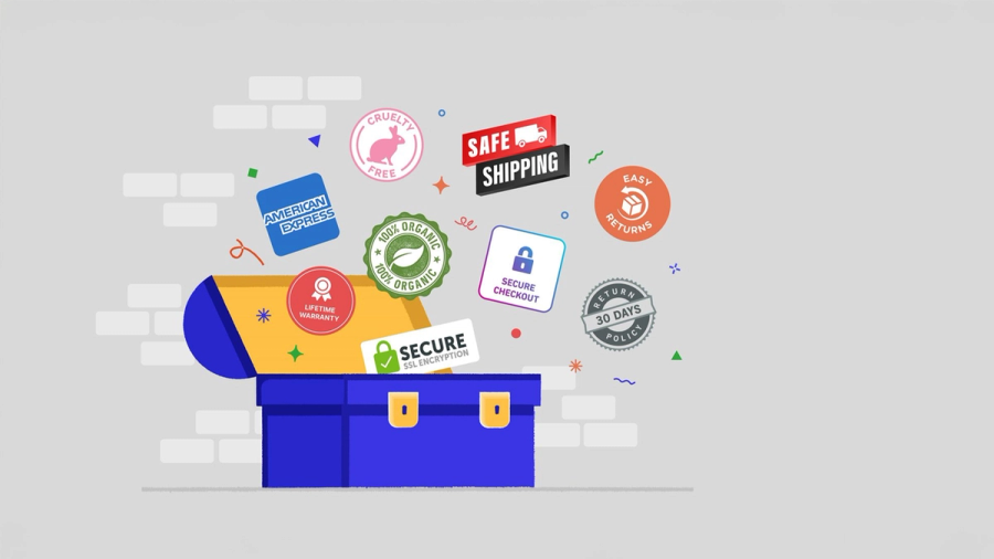 A treasure chest overflowing with e-commerce icons such as Safe Shipping, Secure Checkout, Easy Returns, and payment options.