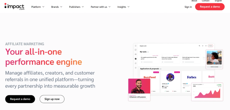 Screenshot of the impact.com website promoting its affiliate marketing platform with the headline "Your all-in-one performance engine" and a dashboard showing tasks, proposals, and partner integrations.