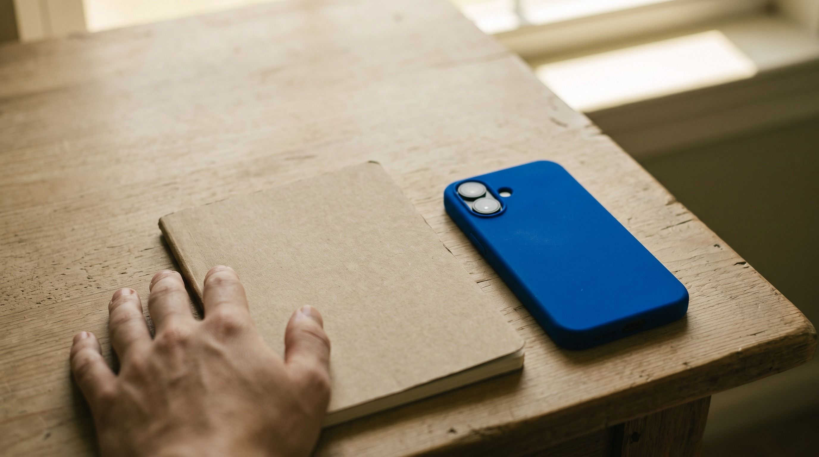 A hand rests on a plain notebook beside a blue-cased smartphone on a wooden table.