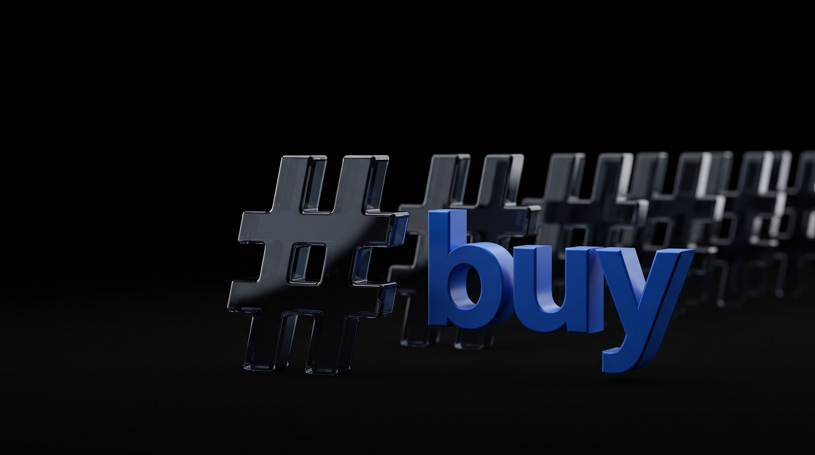 Blue 3D word "buy" in front of a row of transparent hashtag symbols on a dark background.