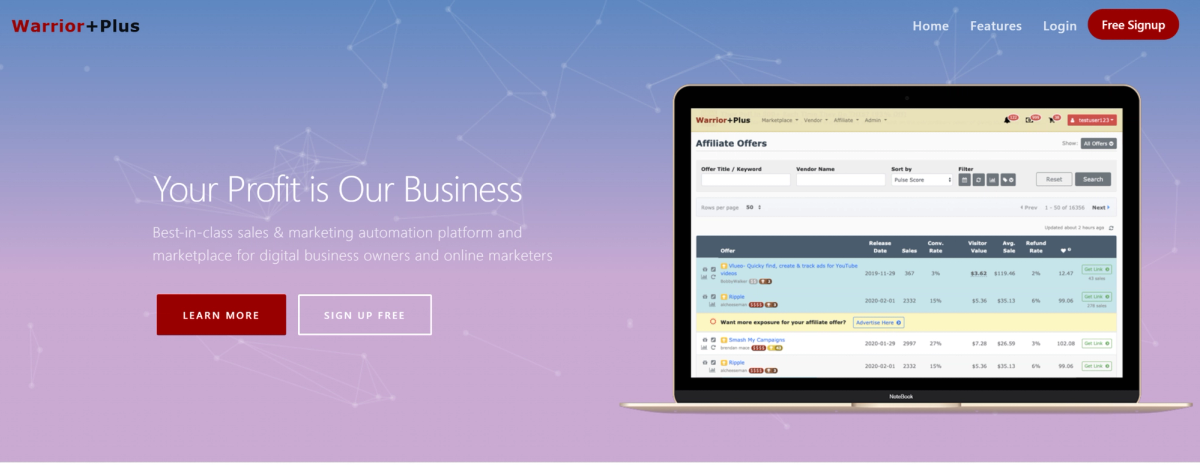 Warrior+Plus website landing page with "Your Profit is Our Business" and a laptop showing an affiliate offers dashboard.