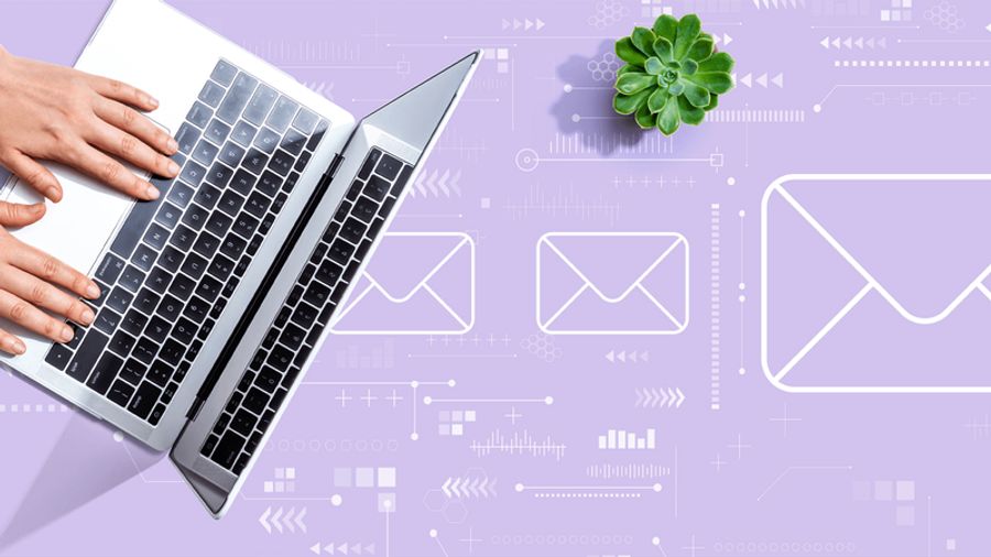 Hands typing on a laptop, surrounded by email icons and a succulent on a purple tech background.