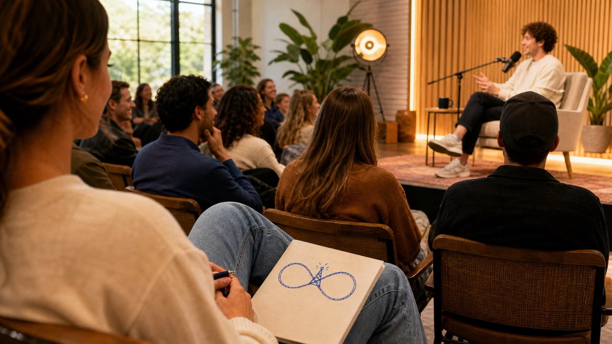A speaker sits on a stage addressing an audience, with a drawing of a broken infinity symbol in the foreground.