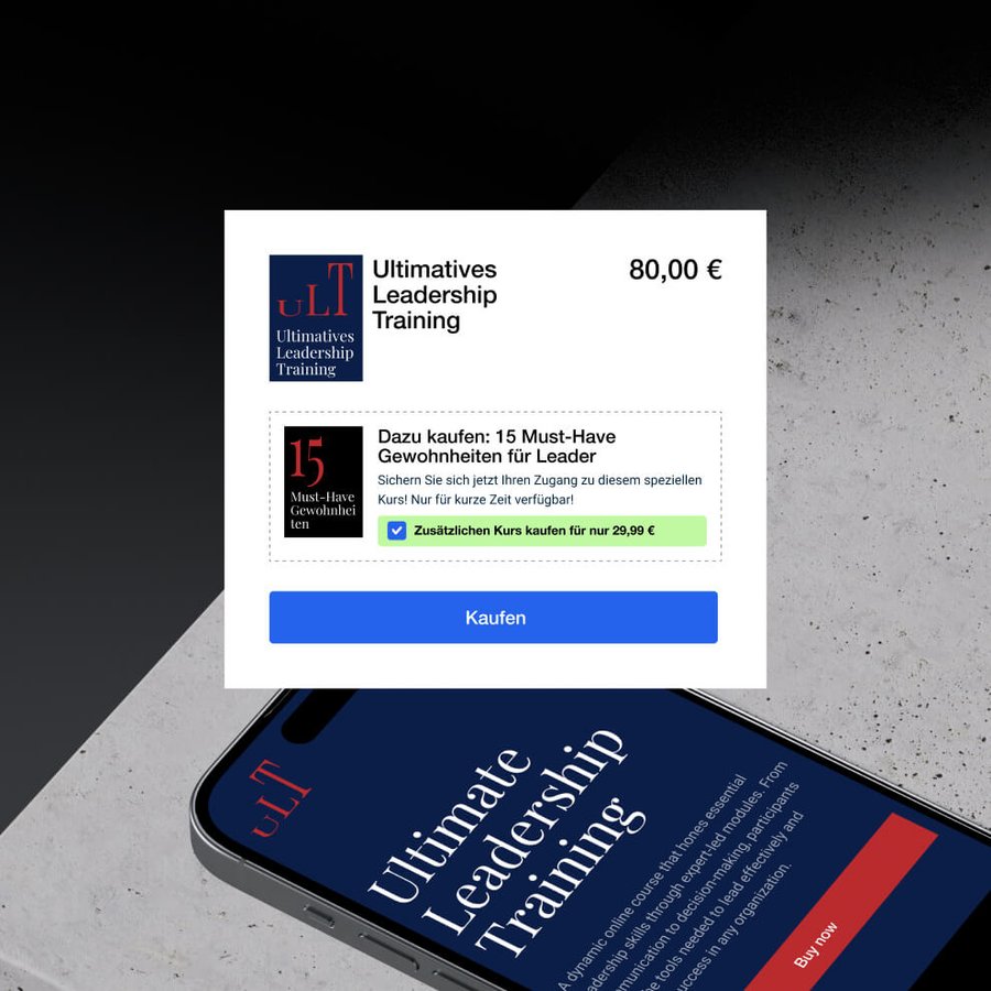 A German purchase pop-up for "Ultimatives Leadership Training" (80€) and an add-on offer, partially obscuring a smartphone displaying "Ultimate Leadership Training" in English.