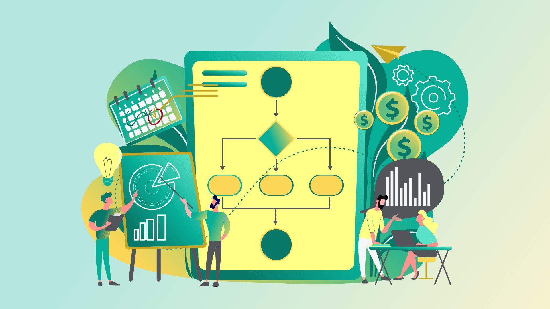 Illustration of business process management, with a flowchart, people analyzing data, and financial symbols.