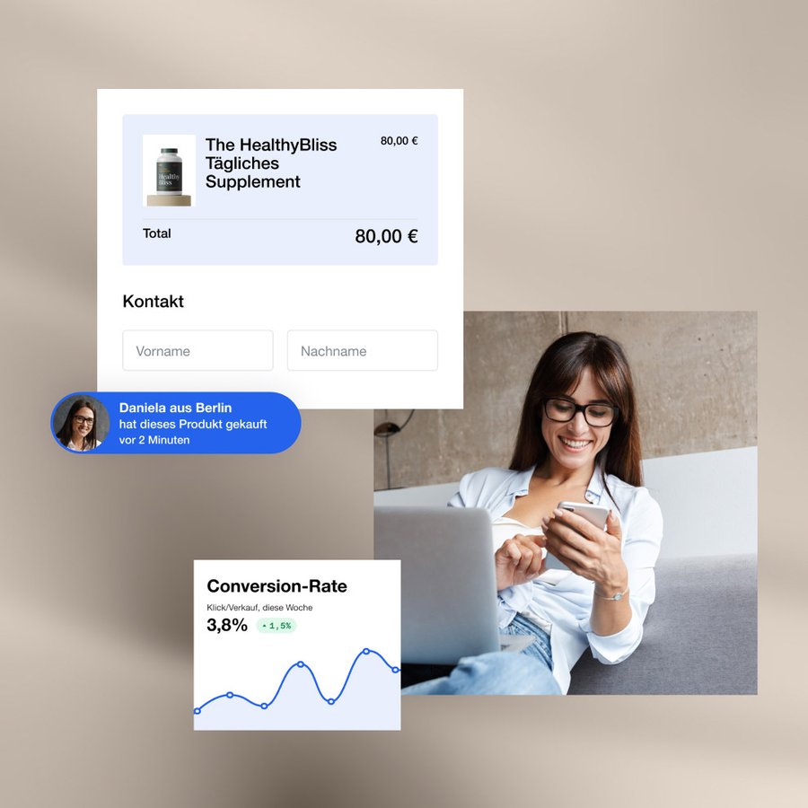 Collage of a woman using a phone, an e-commerce checkout, a recent purchase notification, and a conversion rate graph.