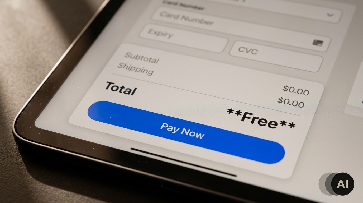 A tablet displaying an online checkout form with a total of "Free" and a "Pay Now" button.