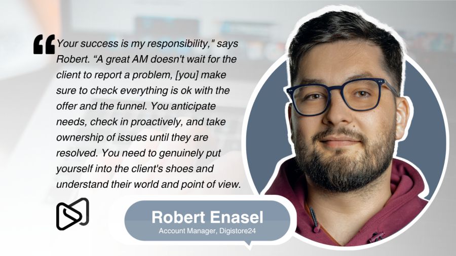 Smiling man, Robert Enasel, Account Manager at Digistore24, pictured next to his quote about proactive client success.