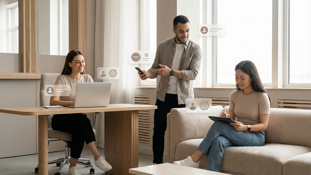 Three people working in a modern office with floating holographic user and target icons.
