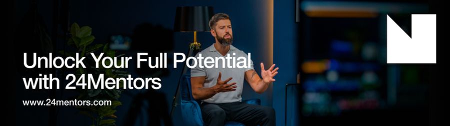 A man speaks while gesturing, next to the text "Unlock Your Full Potential with 24Mentors" and "www.24mentors.com".