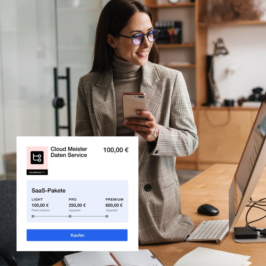 A smiling woman holding a smartphone, with an overlay displaying "Cloud Meister Daten Service" SaaS pricing packages.