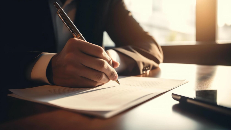 A person in a suit signing a document with a pen.