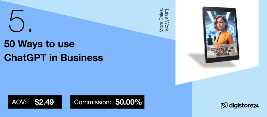 Ad for a digital product "50 Ways to use ChatGPT in Business" displayed on a tablet, with an AOV of $2.49 and 50% commission.
