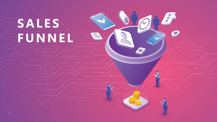 SALES FUNNEL illustration showing data and leads entering a funnel and converting into gold coins, with business figures around.