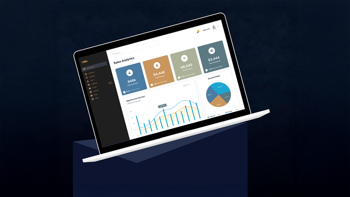 A laptop displaying a sales analytics dashboard with charts and data.