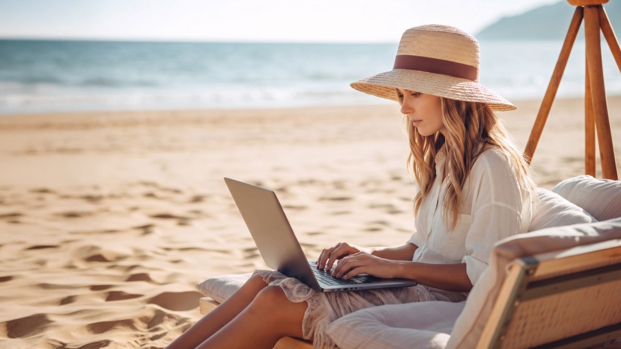 Woman in a straw hat working on a laptop on a sandy beach.