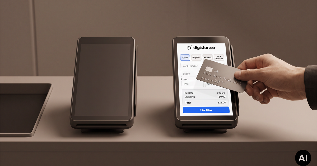 Hand making a contactless payment with a credit card on a Digistore24 terminal.