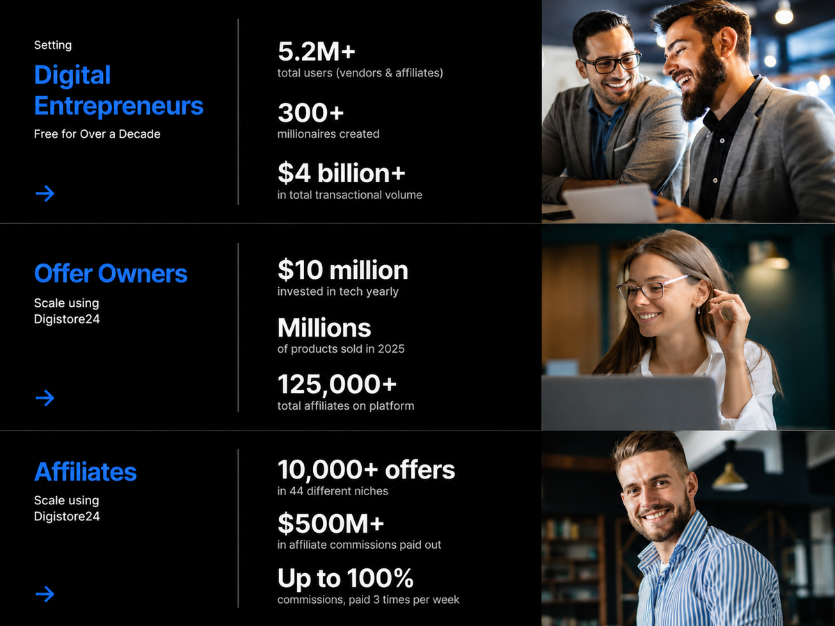 Dark-themed infographic promoting Digistore24 for Digital Entrepreneurs, Offer Owners, and Affiliates, featuring statistics and photos of smiling business professionals.