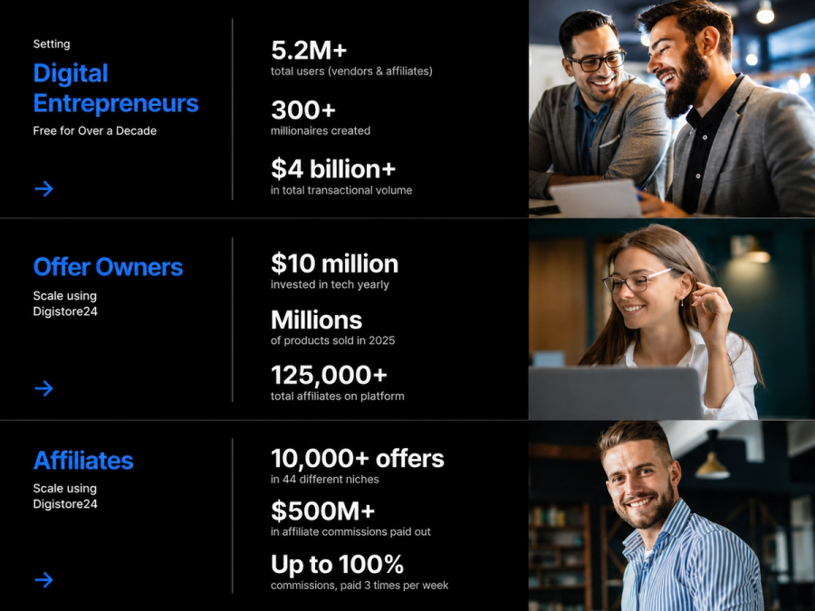 Dark-themed infographic promoting Digistore24 for Digital Entrepreneurs, Offer Owners, and Affiliates, featuring statistics and photos of smiling business professionals.