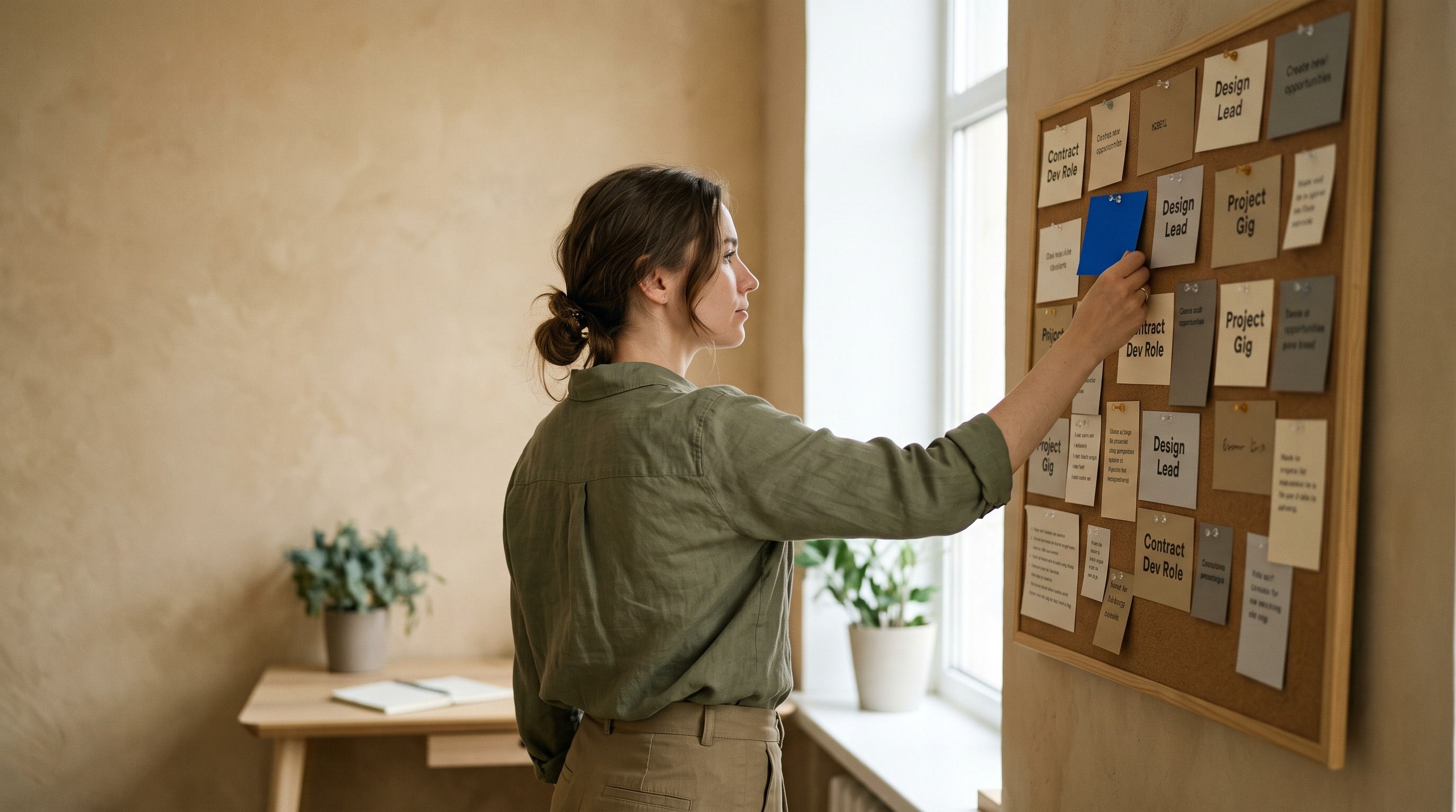 Woman placing a blue sticky note on a cork board with many other notes.