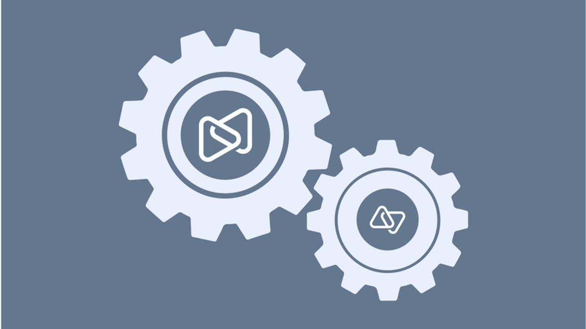 Two gears, one larger, each containing a white abstract interlocking loop symbol.