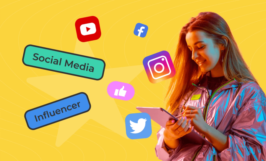 A woman uses a tablet surrounded by social media icons, and text bubbles "Social Media" and "Influencer."