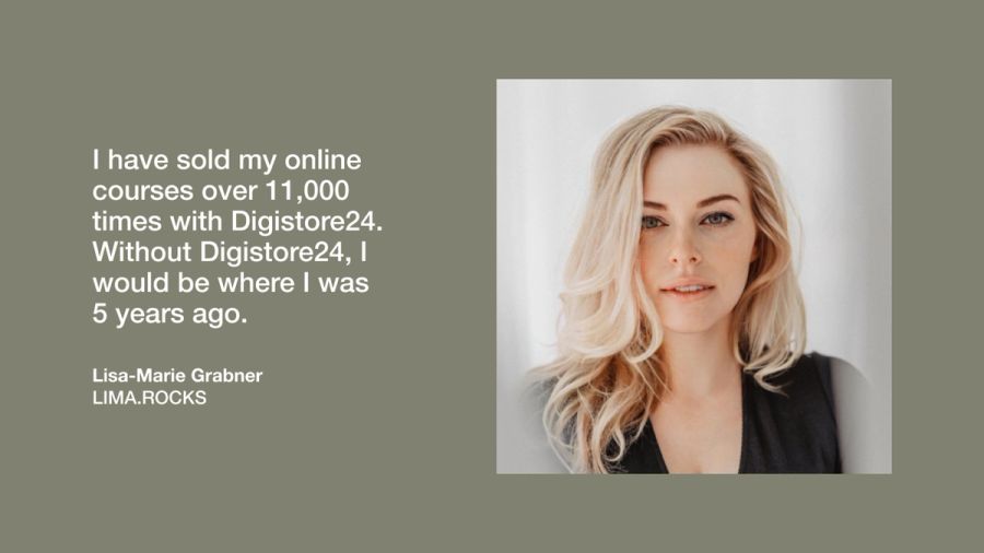 Lisa-Marie Grabner's photo next to her testimonial about selling over 11,000 online courses with Digistore24.