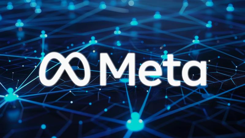 Meta logo on a blue digital network background.