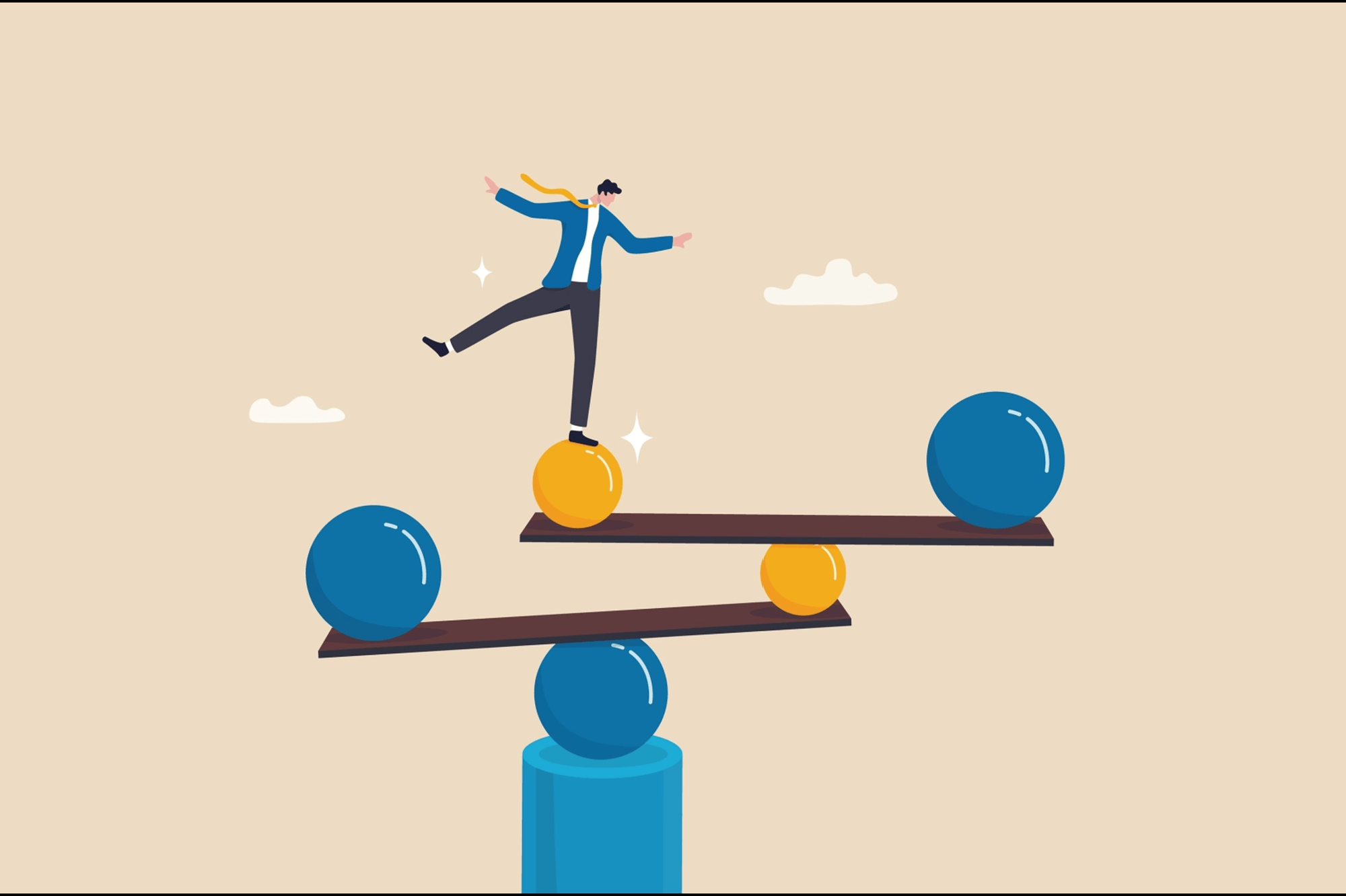 A businessman balancing on a precarious stack of planks and spheres.