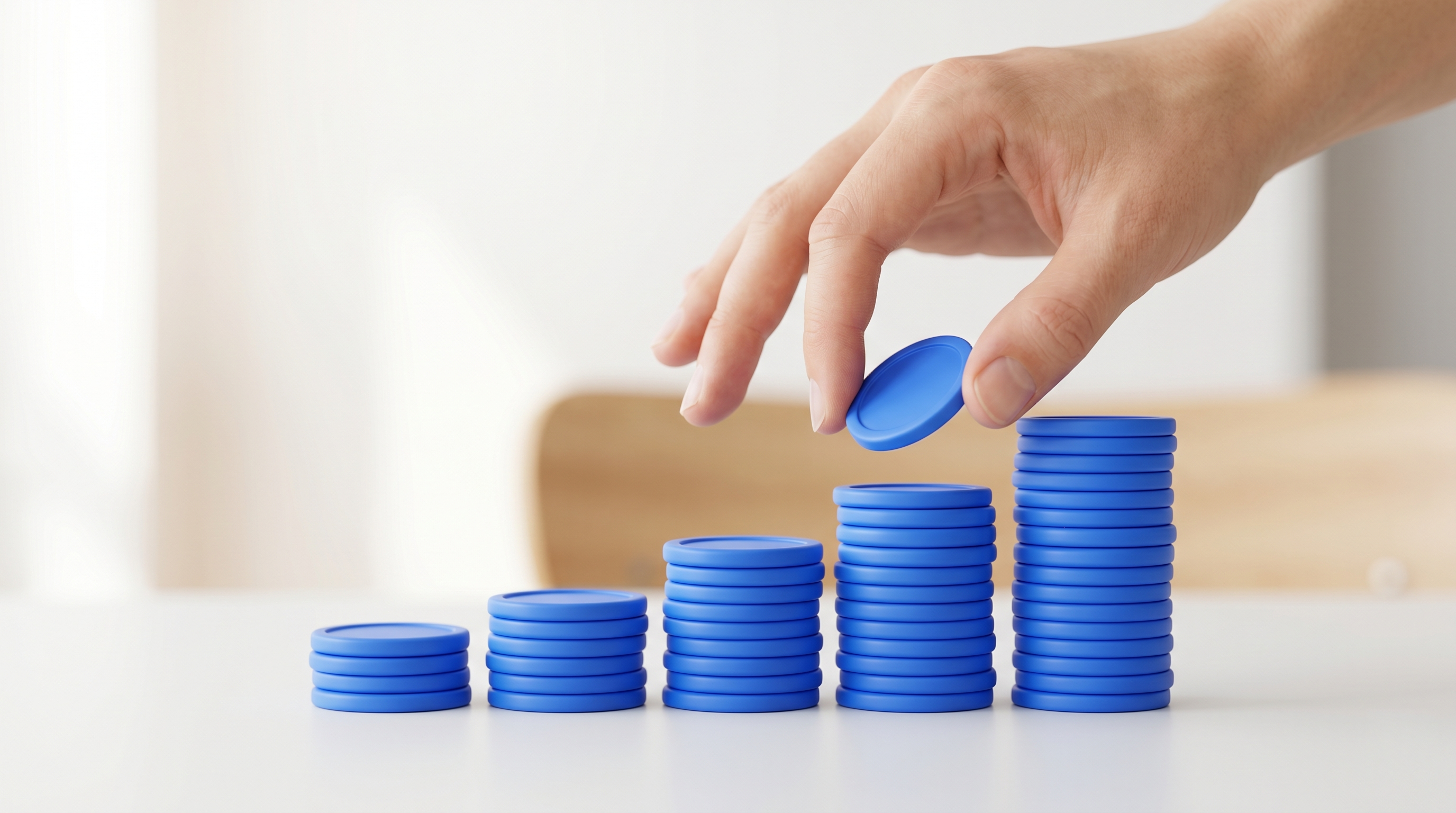 A hand places a blue disc on an ascending stack of blue discs.