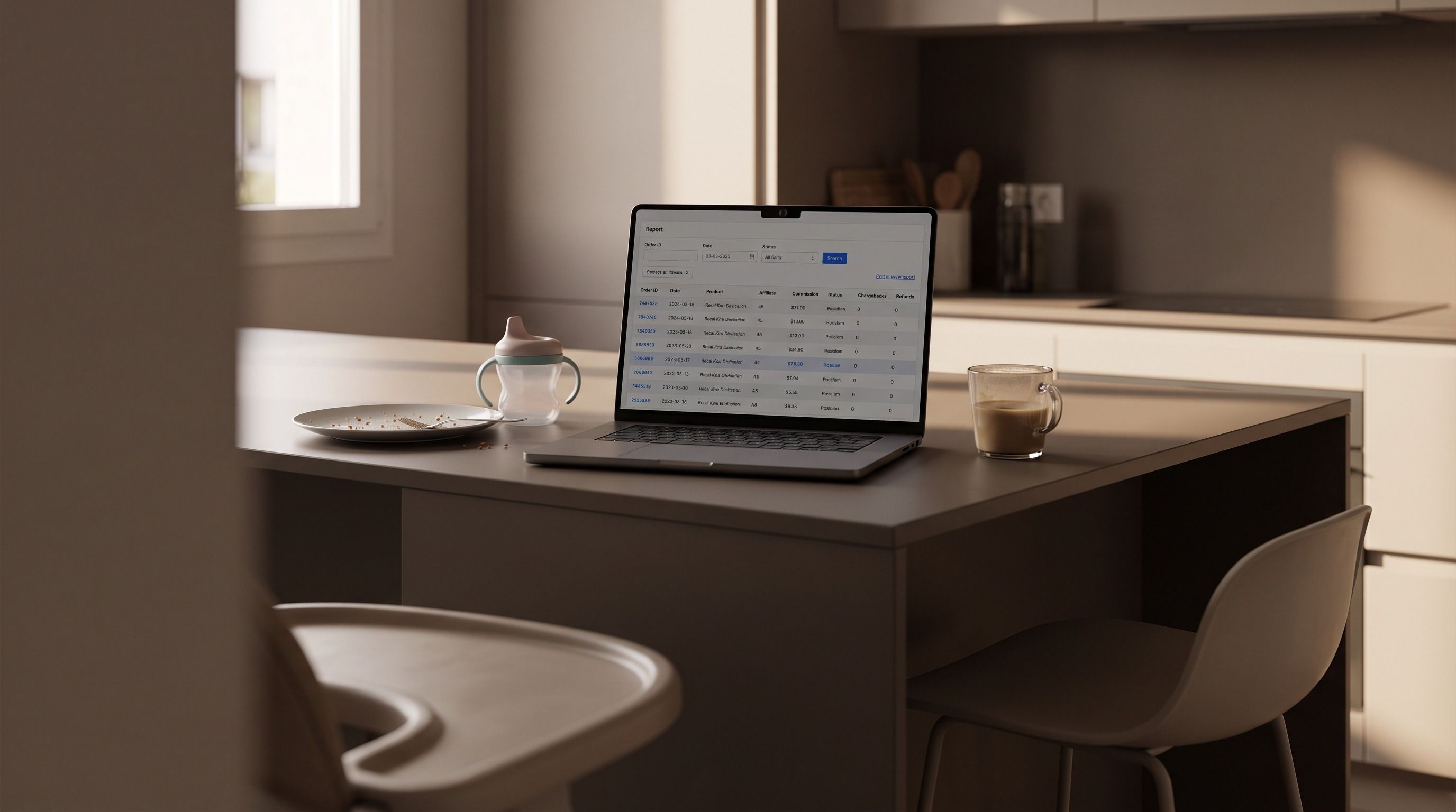A laptop displaying data on a kitchen island, next to a baby bottle, a plate with crumbs, a coffee cup, and a high chair.